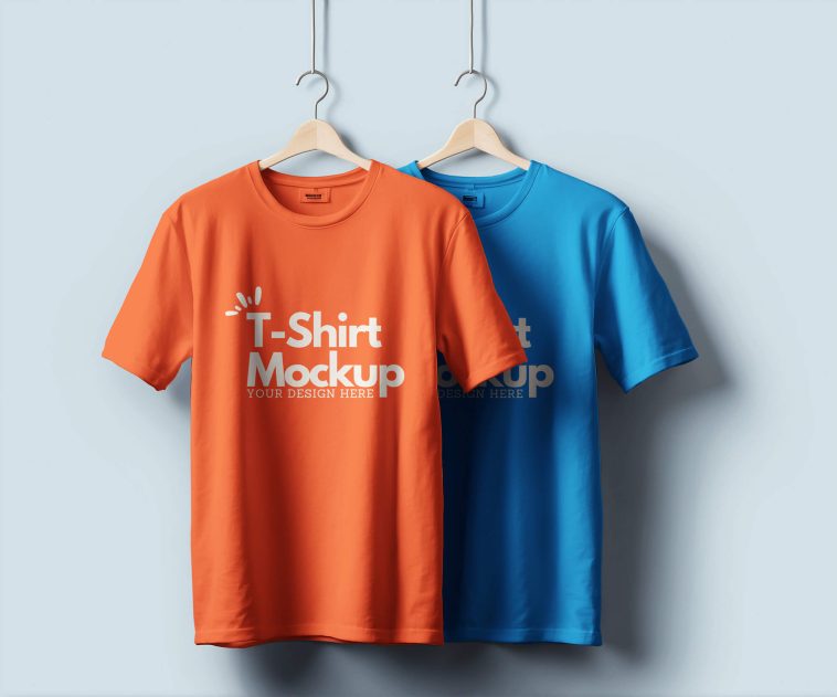 Two hanging t-shirts, one orange and one blue, T-Shirt Mockup and "Your Design Here," against a light blue background.