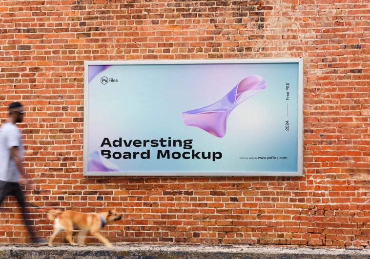 Free Brick Wall Mounted Billboard Mockup PSD