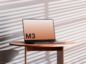Free M3 MacBook Pro On Desk Mockup PSD