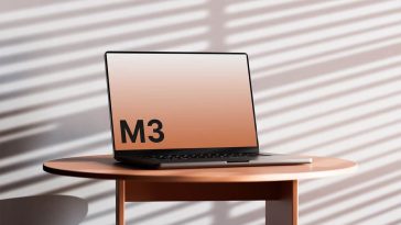 Free M3 MacBook Pro On Desk Mockup PSD