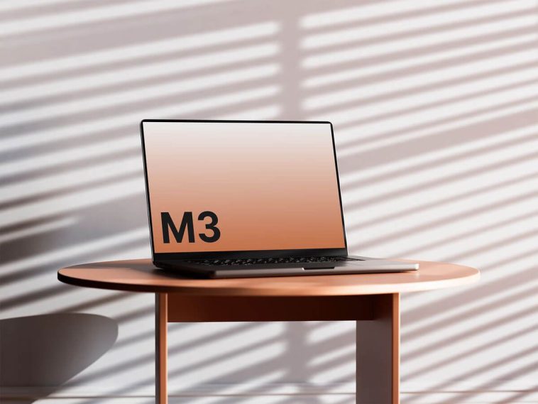 Free M3 MacBook Pro On Desk Mockup PSD