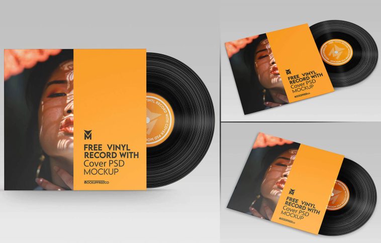 Free Vinyl Record With Cover PSD Mockup