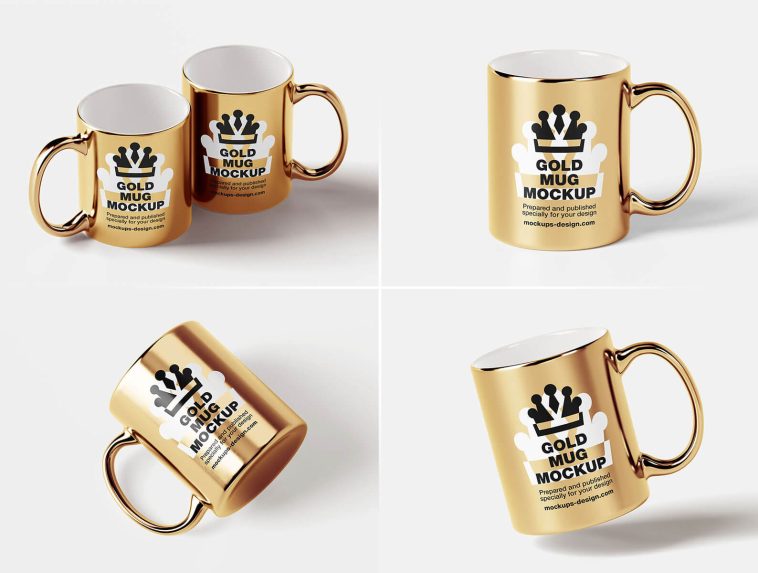 4 Free Gold Coffee Mug Mockup PSD Files