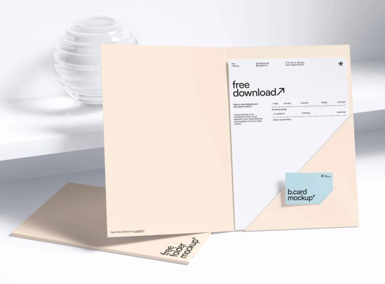 Free Folder and Paper with Business Card Mockup