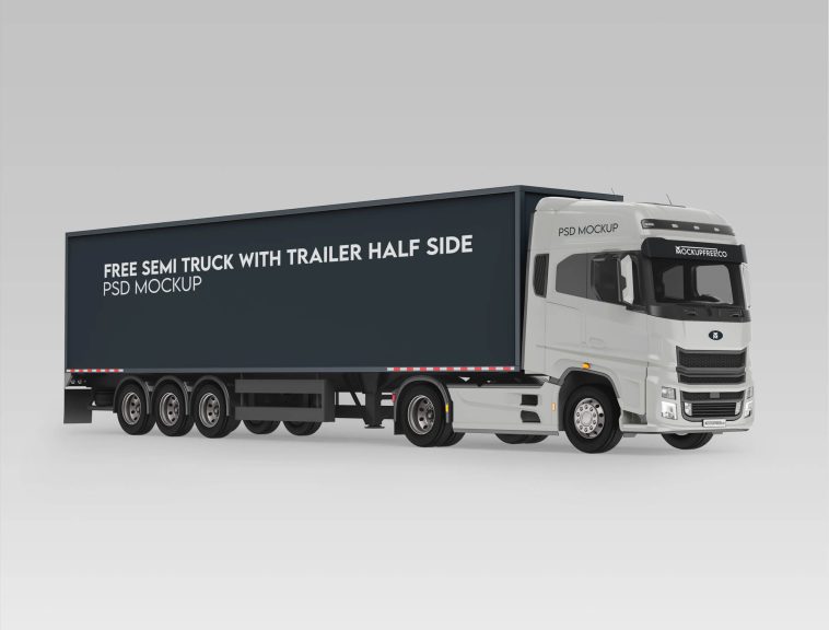 Free Semi Truck With Trailer Half Side PSD Mockup