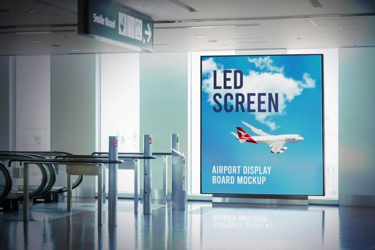 Free Airport LED Screen Indoor Advertising Board Mockup PSD