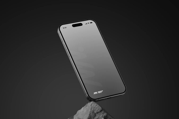 Free iPhone 15 Pro On Rock Mockup PSD