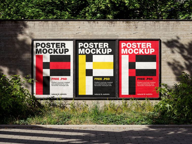 Free Side-By-Side Framed Street Posters On Wall Mockup PSD