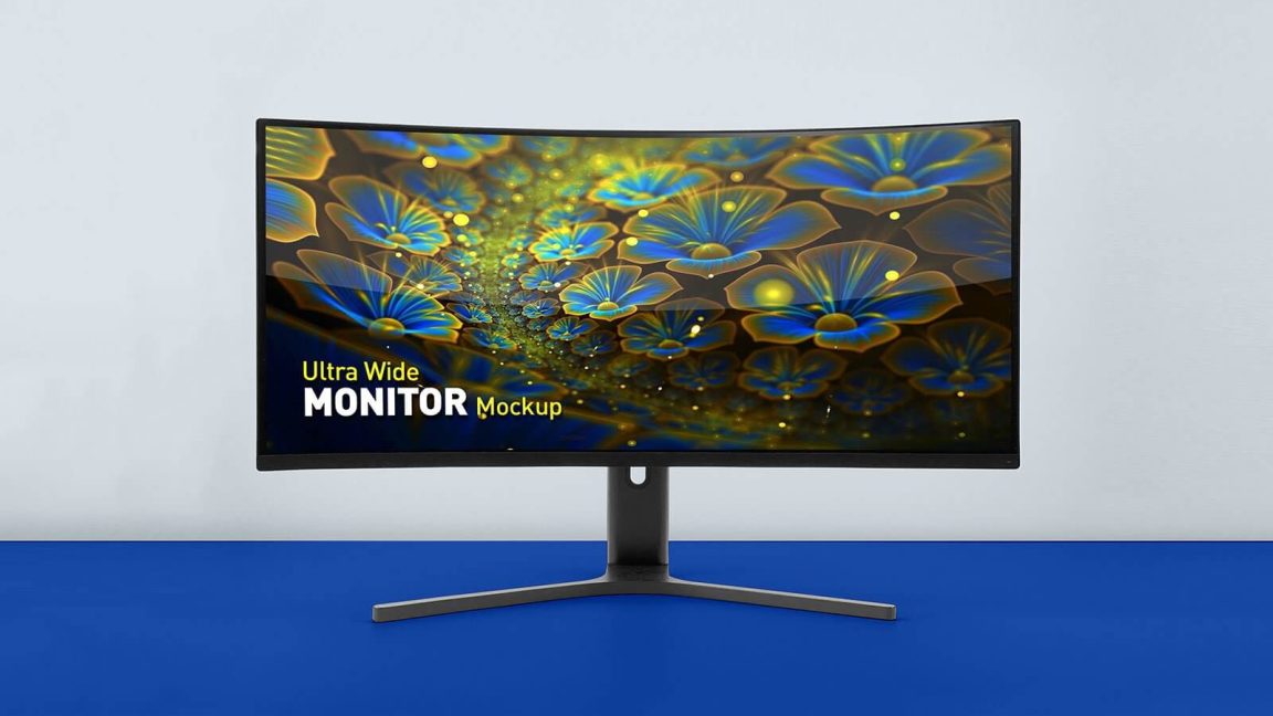 Curved Ultra Wide Screen LCD Monitor and MacBook Pro Mockup PSD - PsFiles