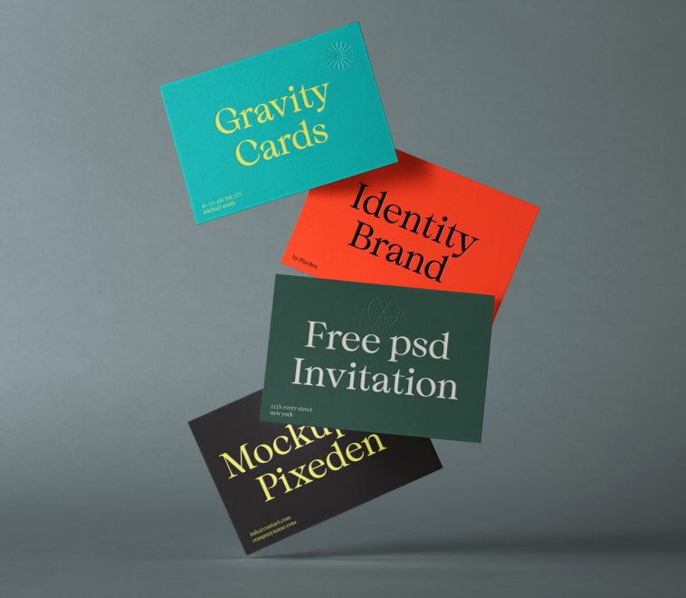 Free Falling Gravity Business Cards Mockup PSD Set