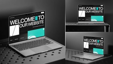 Free MacBook On A Black Table Mockup PSD Set