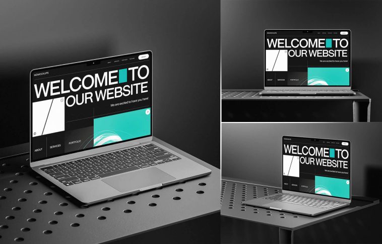 Free MacBook On A Black Table Mockup PSD Set