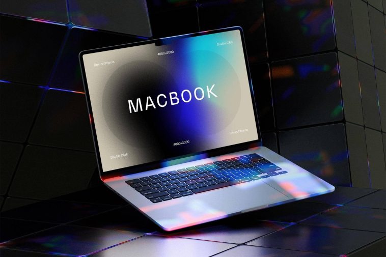 Free Neon Light MacBook Air Mockup PSD