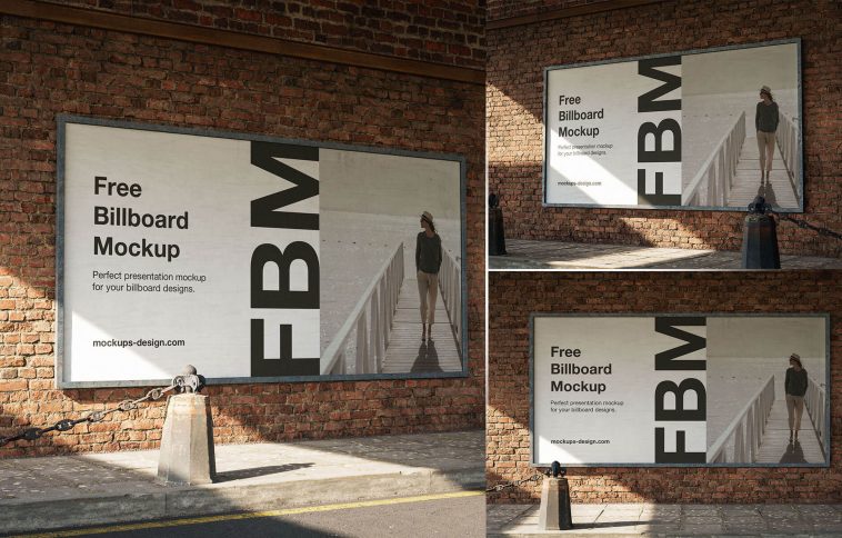 Free Outdoor Advertising Billboard Brick Wall Mockup PSD Set