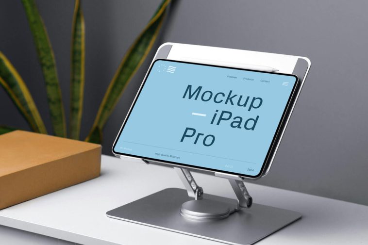 Free iPad Pro On Dock Stand Mockup PSD