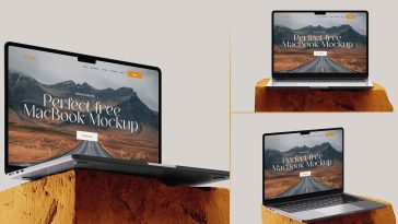 3 Free MacBook Mockups On Stone PSD