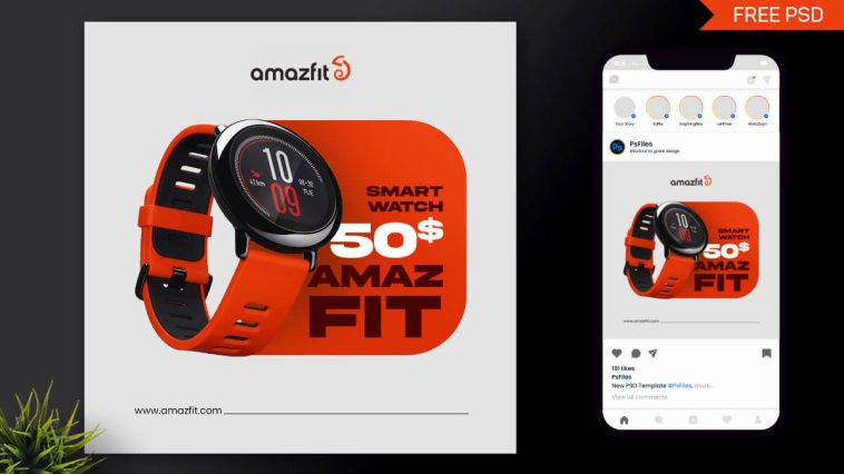 Free Amazfit Smart Watch Product Instagram Post Design PSD Template