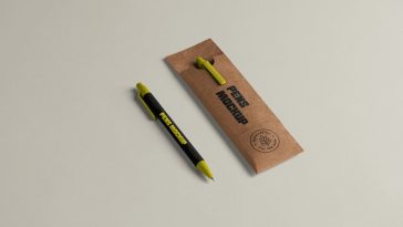 Free Ball Pen With Kraft Paper Case Mockup PSD