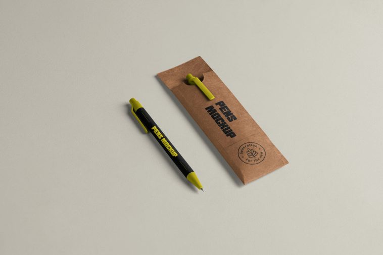 Free Ball Pen With Kraft Paper Case Mockup PSD