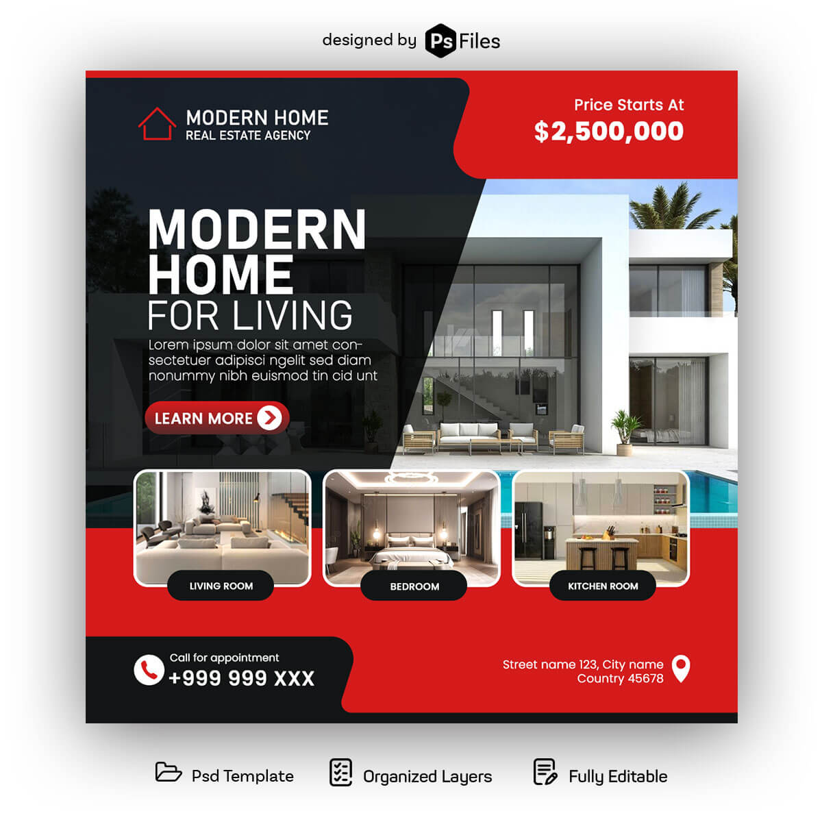 Free Modern House Social Media Post Design PSD Template