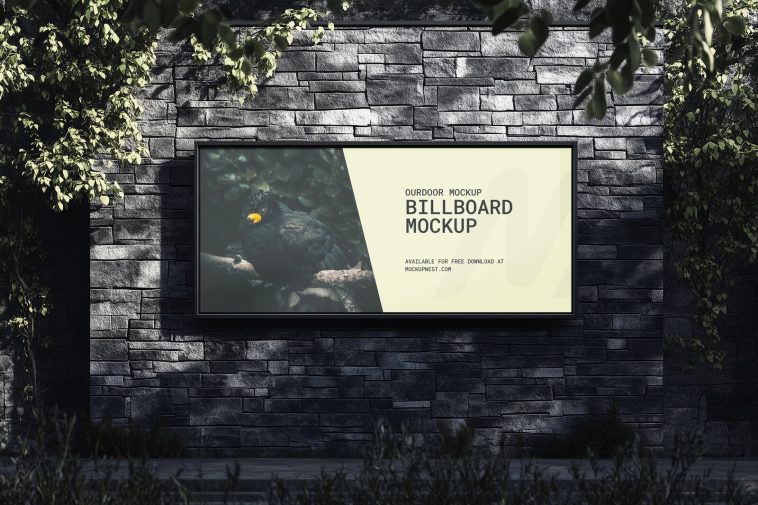 Free Outdoor Advertising Wall Mounted Billboard Mockup PSD