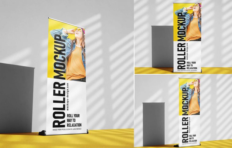 Free Tall Roller Banner Mockup PSD set