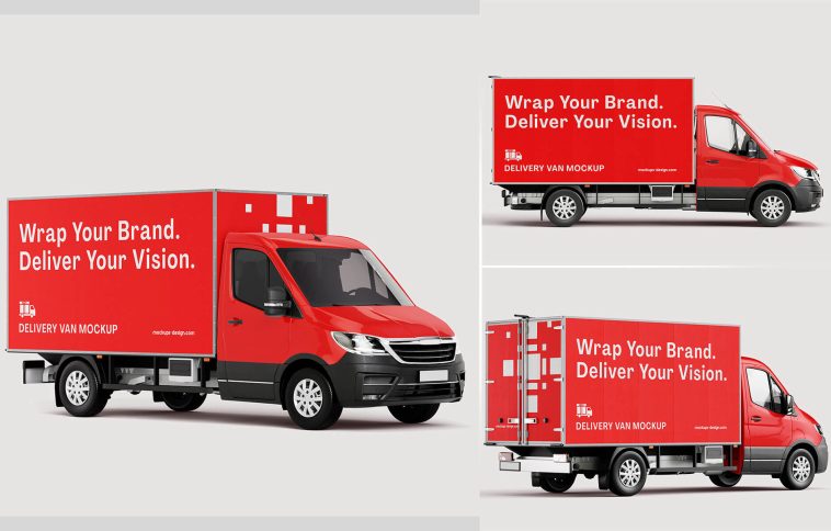 3 Free Side view Cargo Delivery Van Mockup PSD