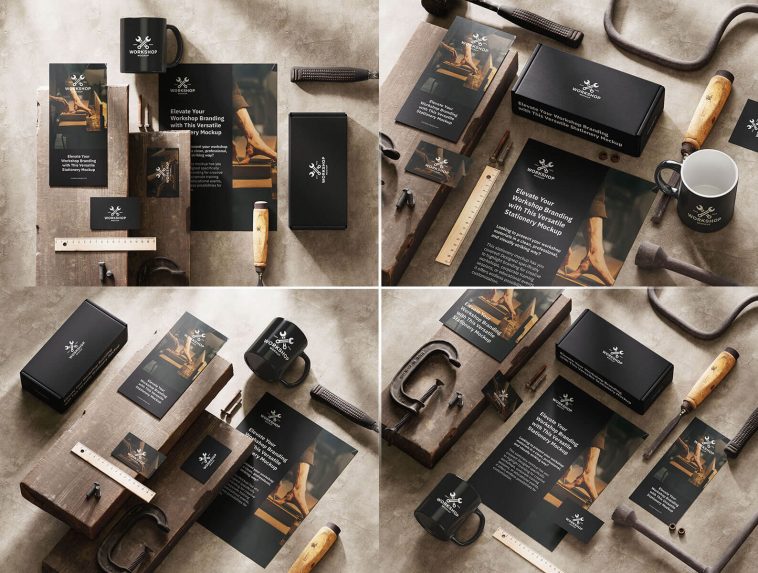 5 Free Dark Workshop Stationery Mockup PSD Files