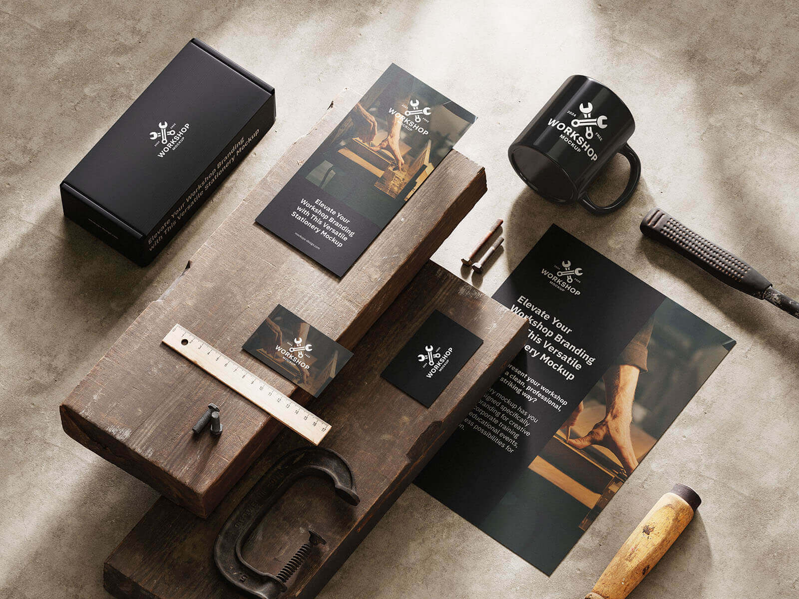 5 Free Dark Workshop Stationery Mockup PSD Files