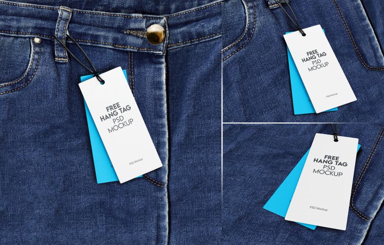 Free Hang Tags On Blue Jeans Mockup PSD Set