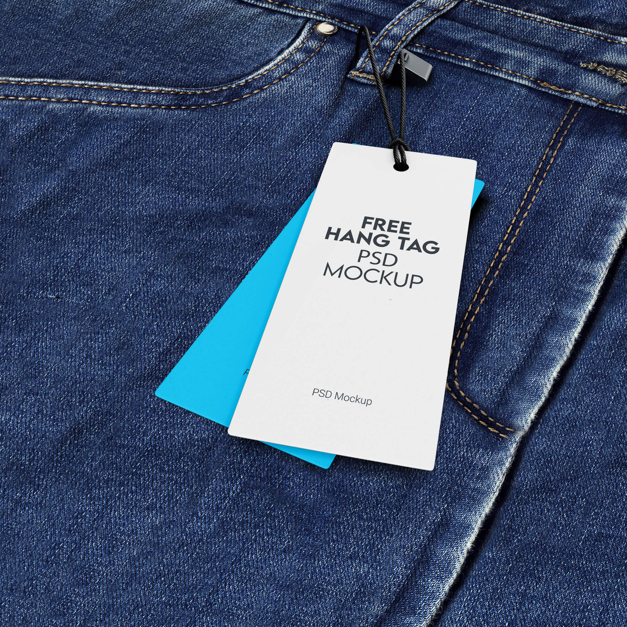 Free Hang Tags On Blue Jeans Mockup PSD Set