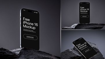 Free iPhone 16 On Rock Mockup PSD