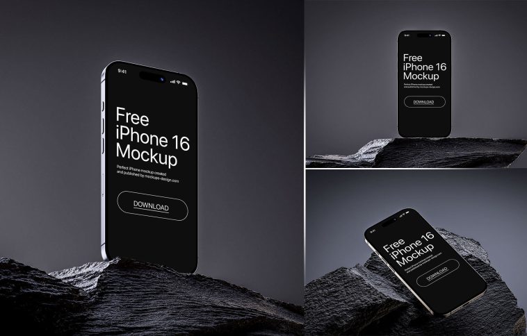 Free iPhone 16 On Rock Mockup PSD