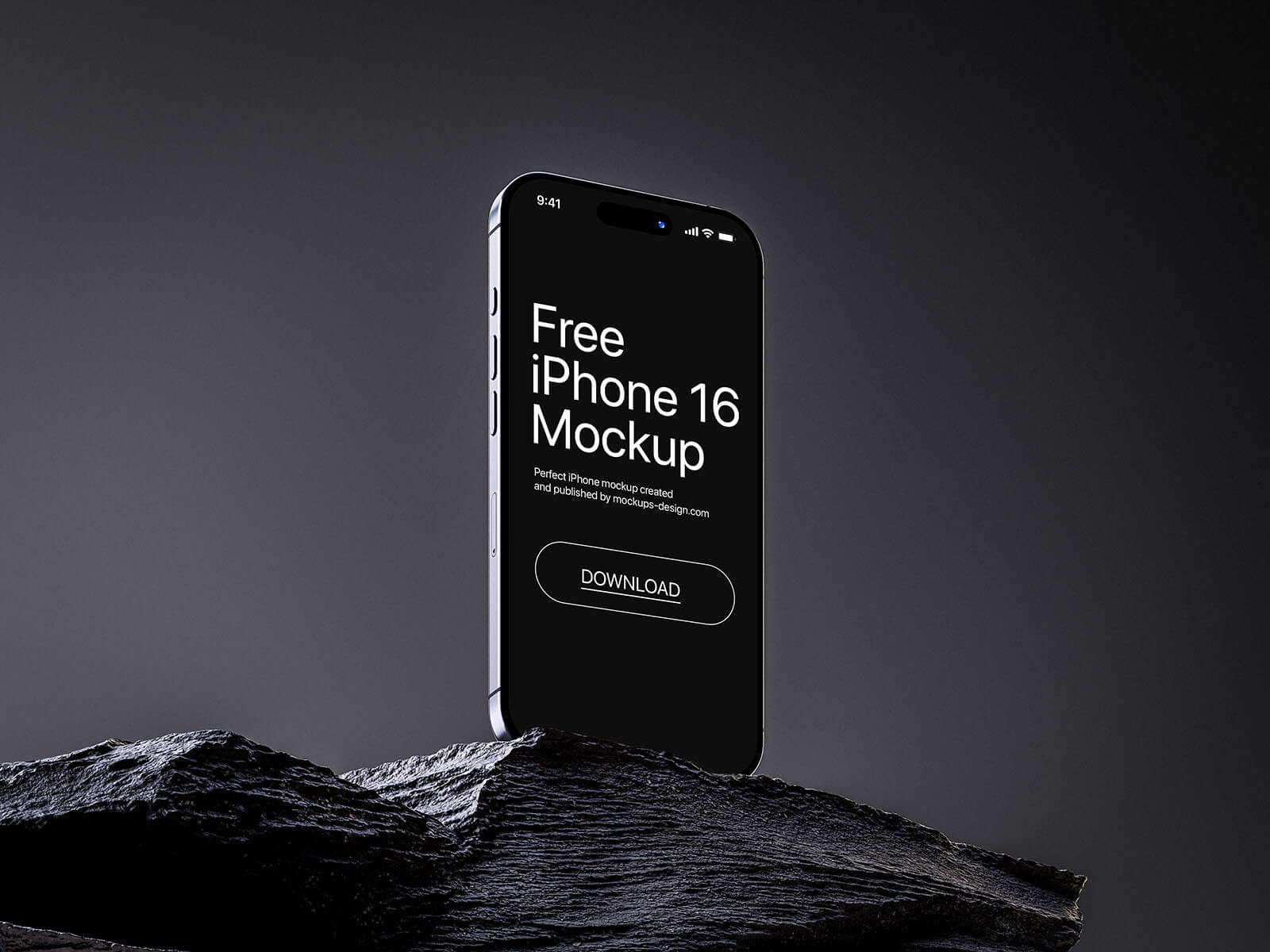 Free iPhone 16 On Rock Mockup PSD