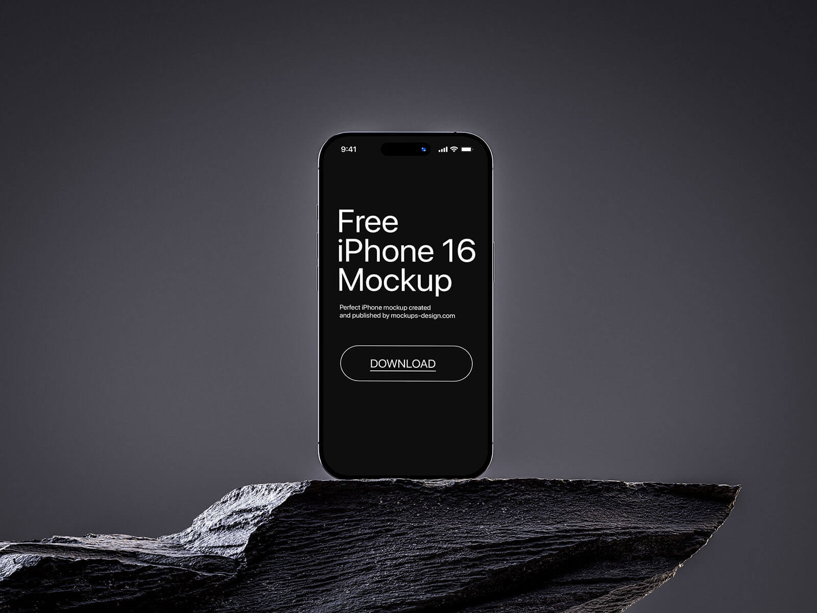 Free iPhone 16 On Rock Mockup PSD