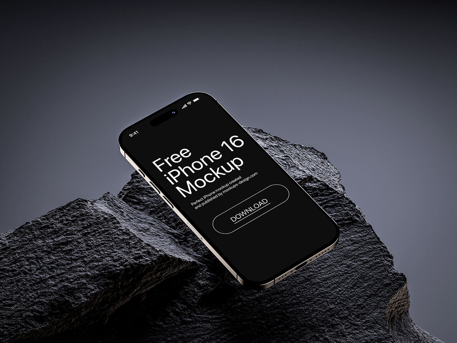 Free iPhone 16 On Rock Mockup PSD