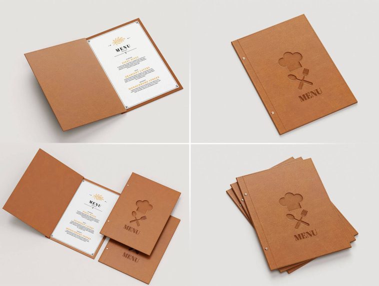 4 Free Elegant Restaurant Leather Menu Card Mockups PSD Set