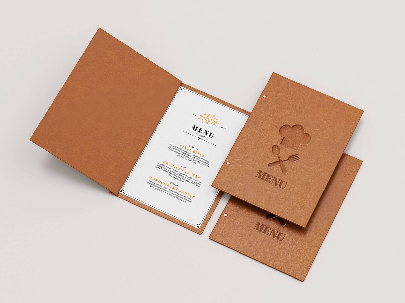 4 Free Elegant Restaurant Leather Menu Card Mockups PSD Set