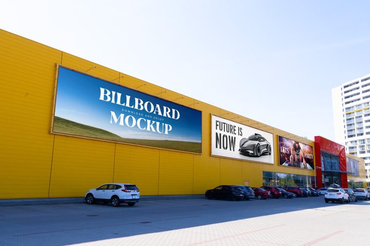 Free Billboards on Big Building Mockup PSD