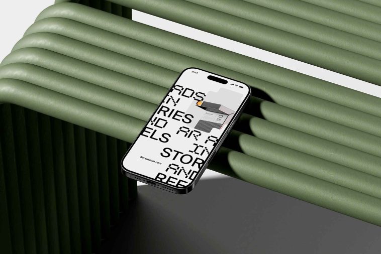 Free Isometric iPhone 16 Pro Mockup PSD On The Bench