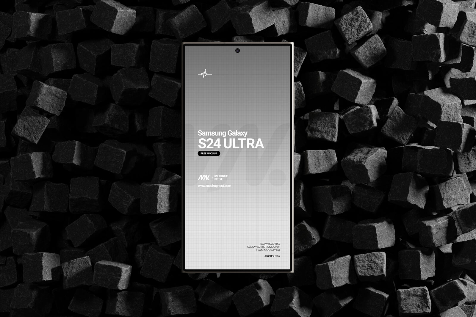 Free Samsung Galaxy S24 Ultra Mockup On Cube Stones PSD Files