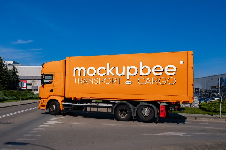 Free Semi-Truck on Street Mockup PSD