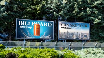 Free Outdoor Billboard Greenary Surrounding Mockups PSD Files