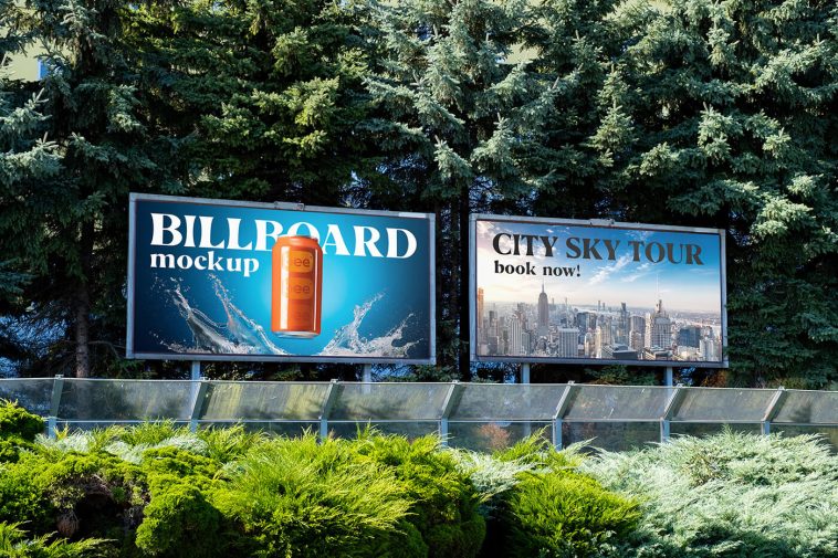 Free Outdoor Billboard Greenary Surrounding Mockups PSD Files