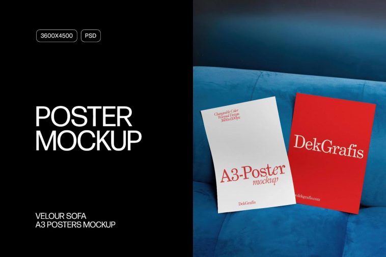 Free Velour Sofa A3 Posters Mockup