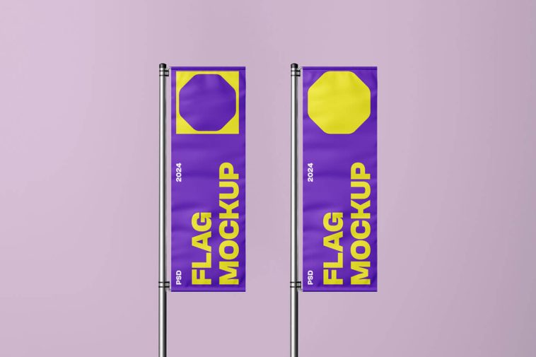 Free Vertical Flag On Pole Mockup PSD