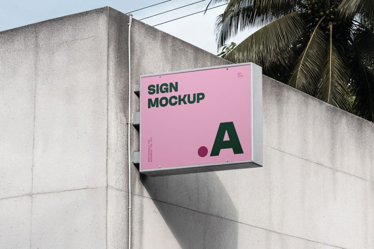 Free Wall-Mounted Rectangle Sign Box Mockup PSD