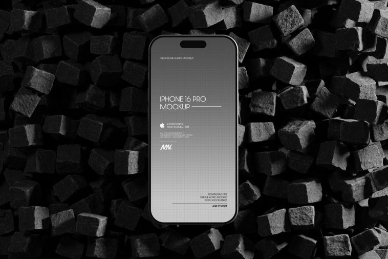 Free iPhone 16 Pro Mockup PSD On Cube Stones