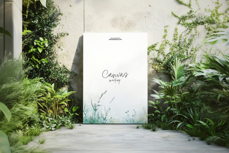 Free Canvas Mockup PSD In Outdoor Garden