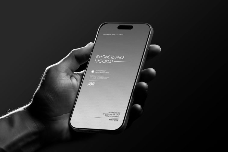 Free Hand Holding Dark iPhone 16 Pro Mockup PSD